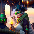 Elderly steampunk couple in airship cabin at sunset with teacups