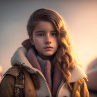 Young girl with wavy hair in coat and scarf against sunset backdrop with train carriages.