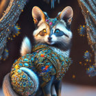 Whimsical cat with ornate patterns in fantastical setting
