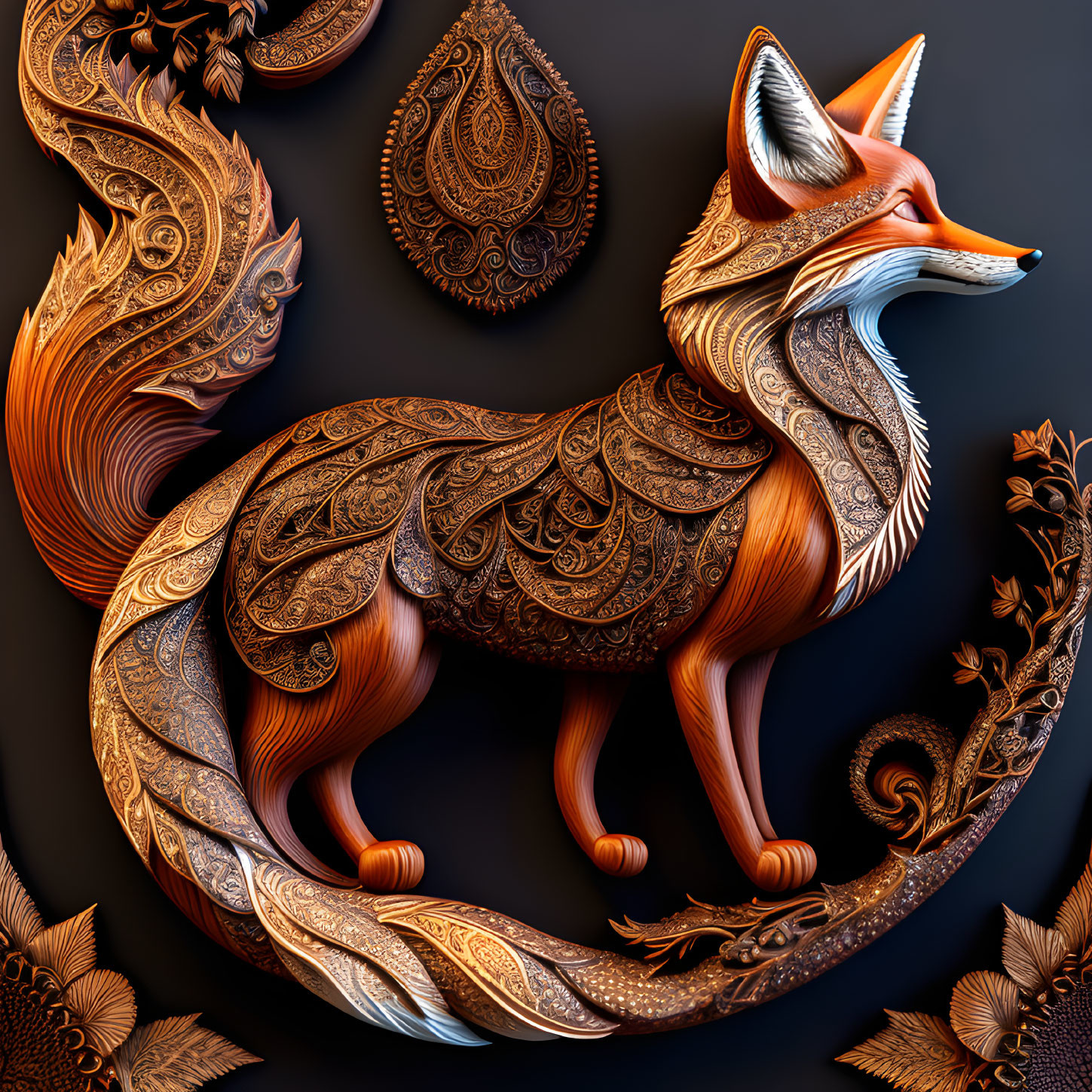 Intricate stylized fox design on dark background with ornate patterns