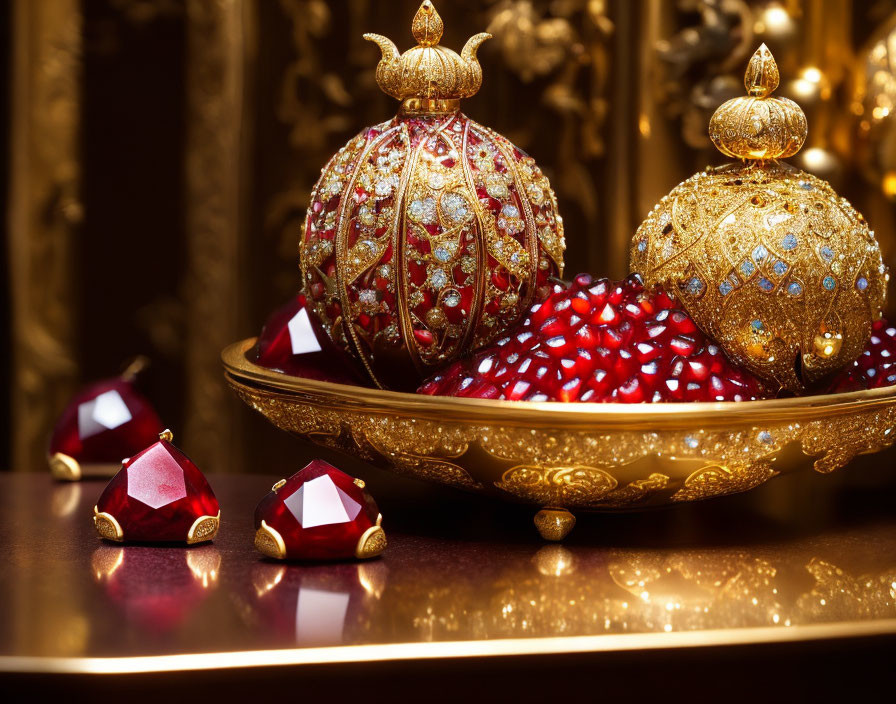Luxurious Golden Bowl with Pomegranate Seeds and Bejeweled Ornaments