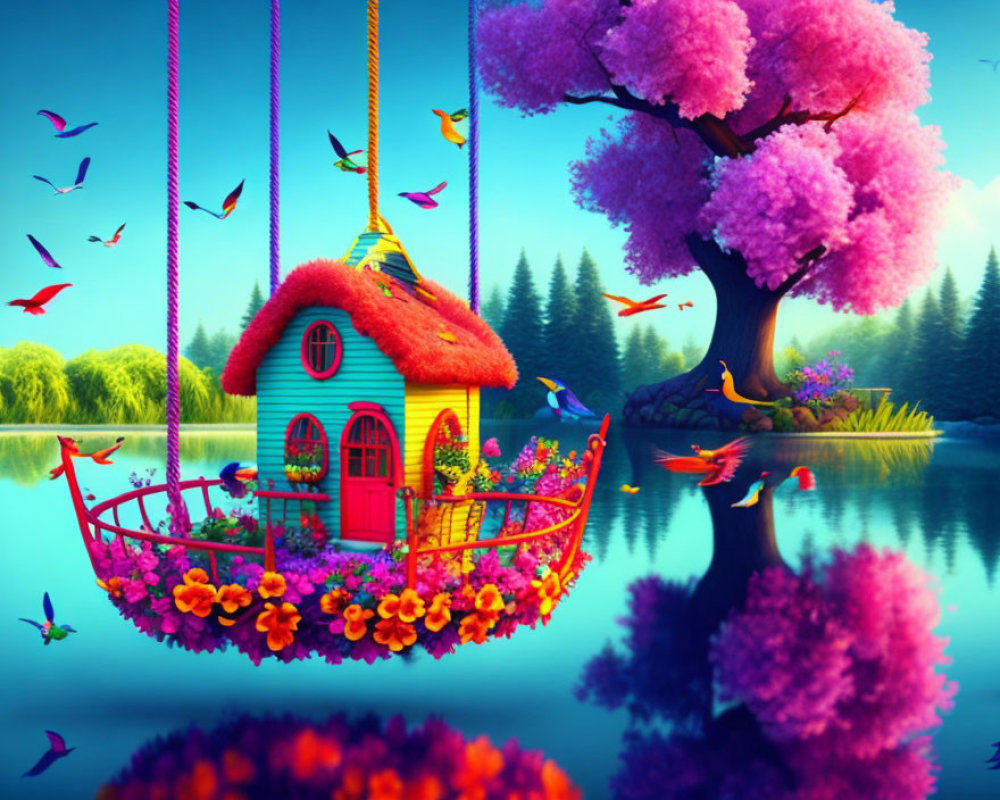 Colorful Birdhouse Hanging in Vibrant Garden with Flying Birds by Lake
