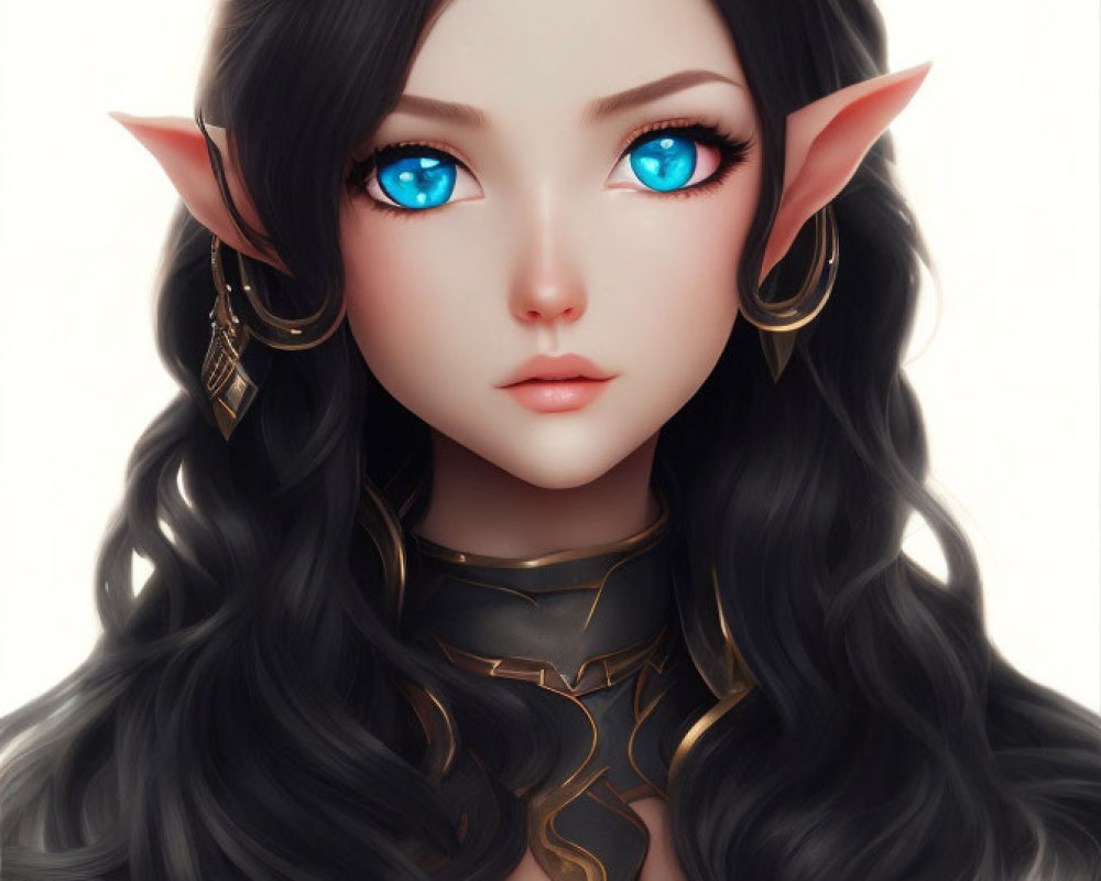 Portrait of Female Character with Striking Blue Eyes and Elf Ears