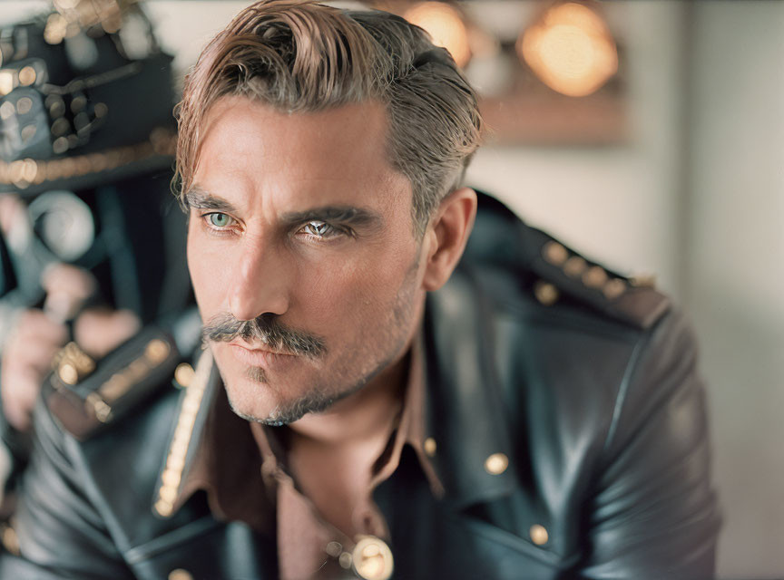 Man with slicked-back hair, mustache, leather jacket with golden buttons