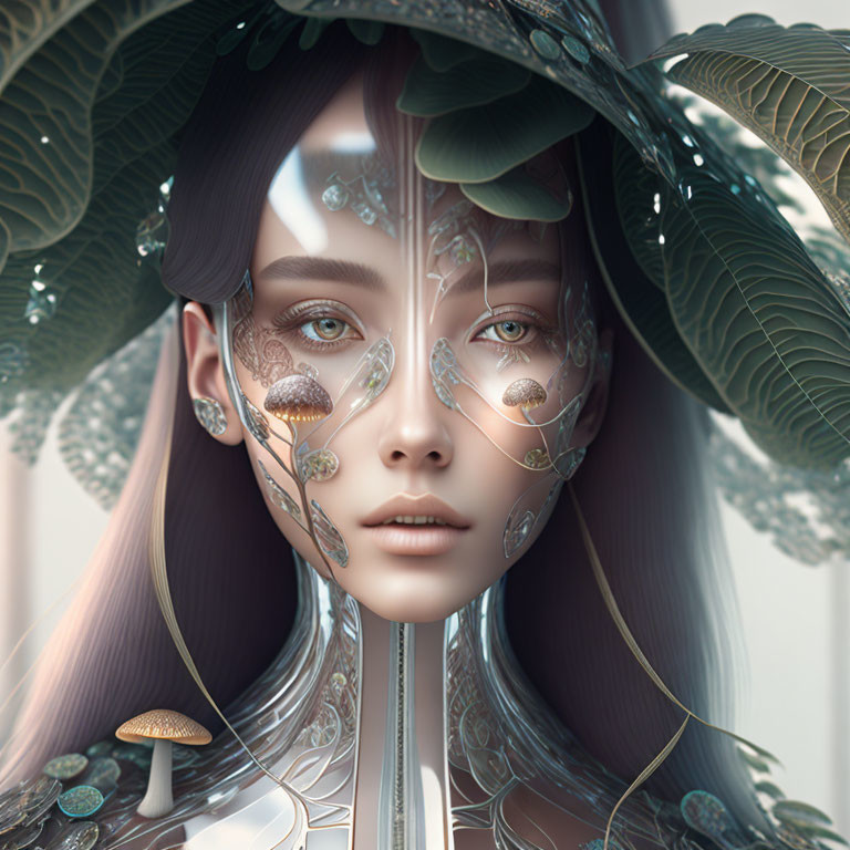 Surreal portrait blending female face with botanical elements and metallic filigree