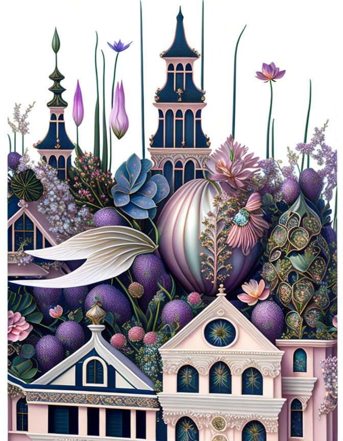 Detailed artwork: architecture and flora blend in intricate design with purples, greens, and pinks