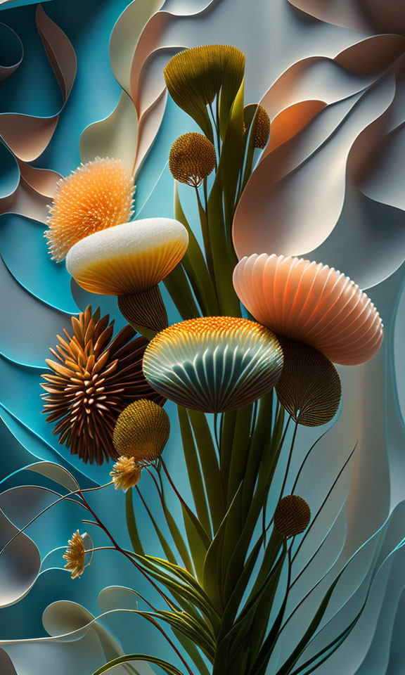 Textured, Three-Dimensional Abstract Art: Flower-like Forms in Blues, Oranges, and Browns
