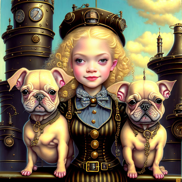 Blonde girl in striped dress with steampunk accessories and bulldogs in clockwork setting