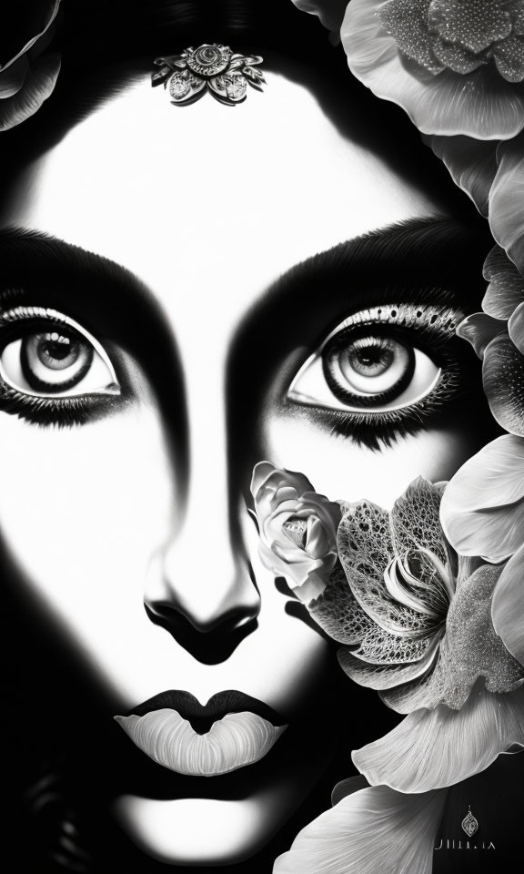 Detailed monochrome digital artwork of a woman's face with floral surroundings and forehead jewel