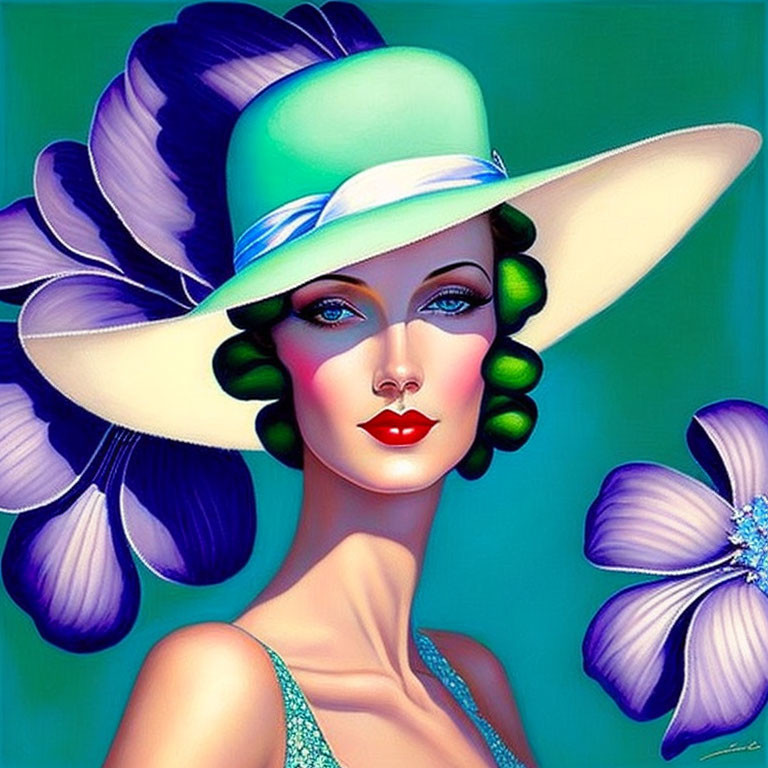 Stylized portrait of woman with green hat and white brim, blue dress, purple flowers,