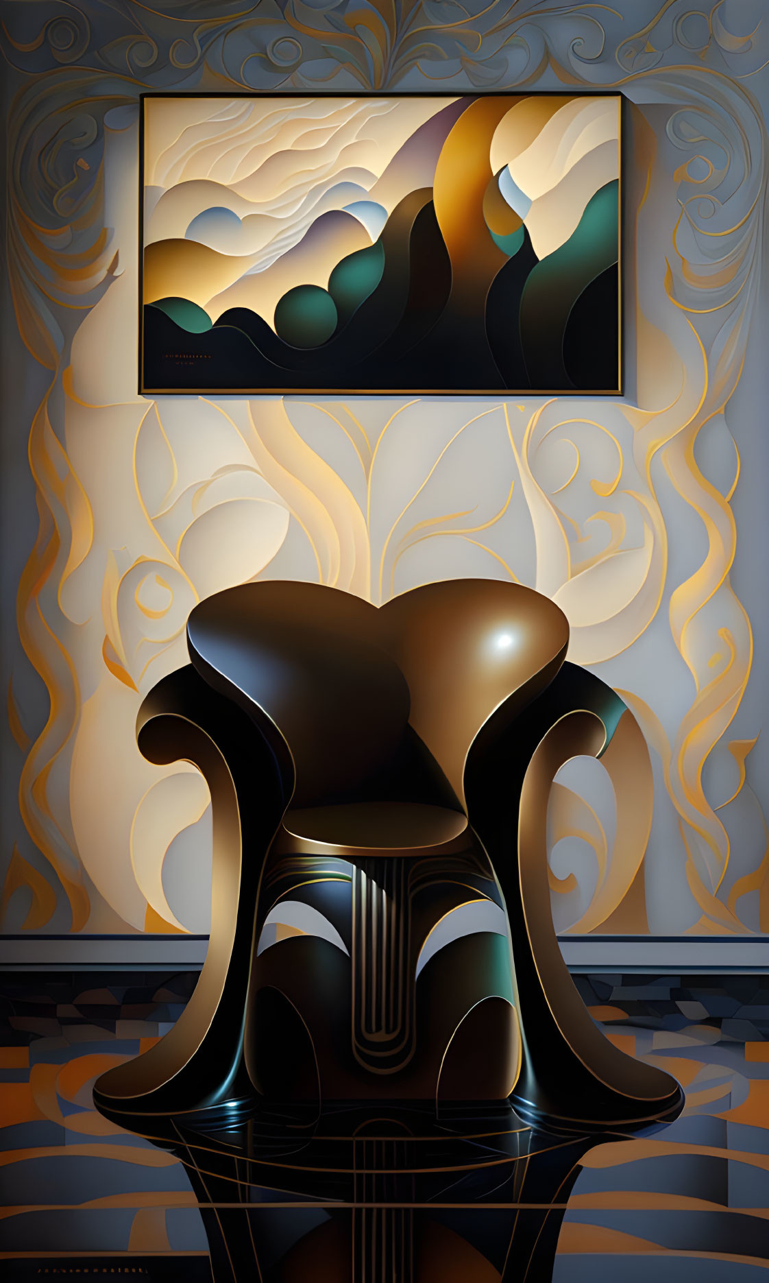 Art Nouveau interior with stylized landscape painting and elegant chair