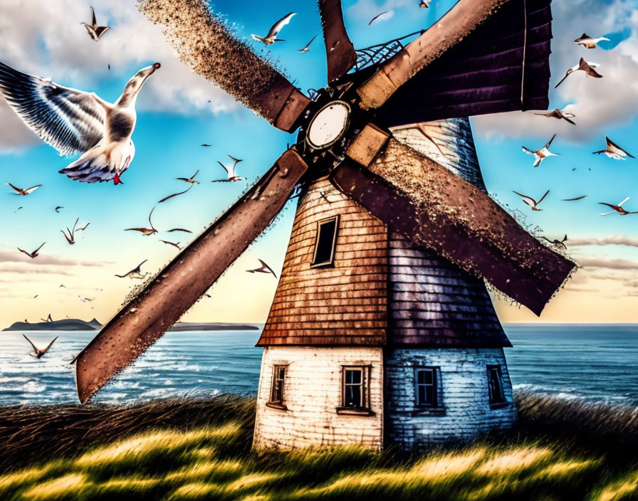Old Windmill with Rotating Blades on Grassy Coastline and Flying Seagulls
