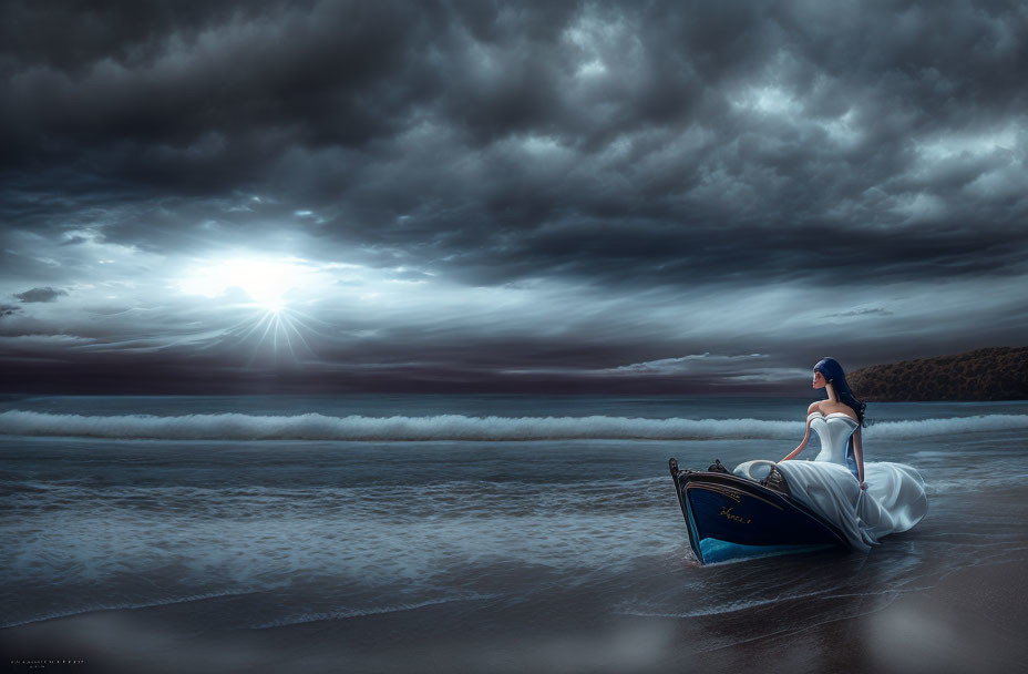 Woman sitting in beached boat under dramatic sky with sunlight on sea