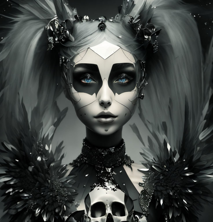 Monochrome portrait of person with blue eyes, dark feathers, skull motifs, and mask-like makeup