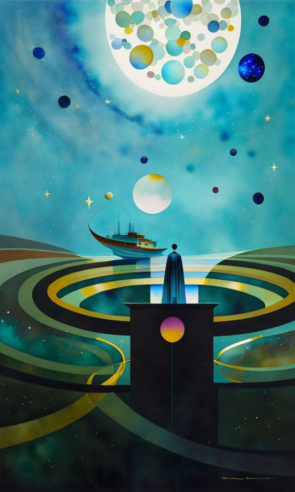 Surreal painting of cloaked figure on platform with floating ship in starry sky