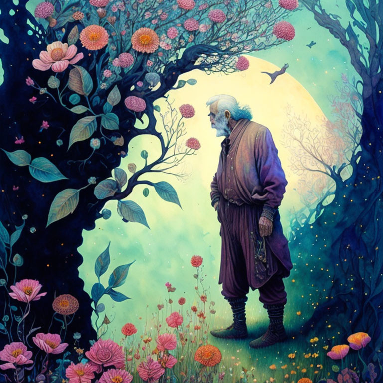Elderly man in purple robe in mystical garden under glowing moon