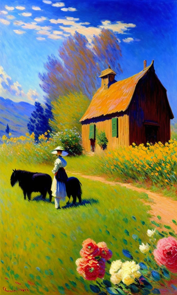 Colorful painting of woman with horse in blooming meadow near cottage