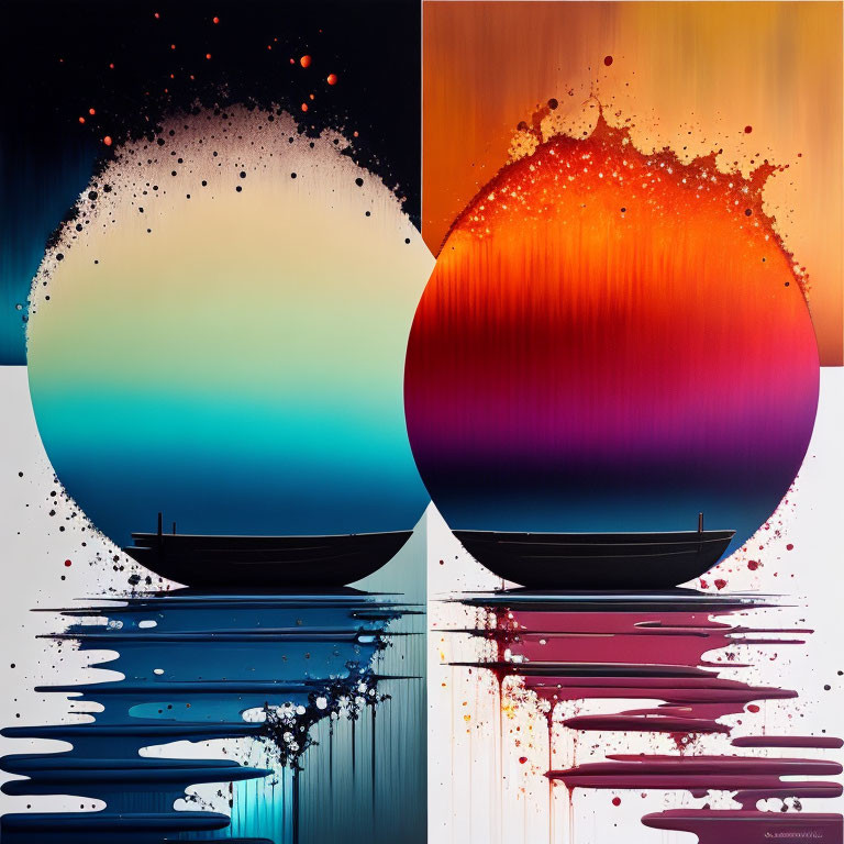 Circular Gradient Abstract Art: Sunset Reflections with Silhouetted Boats