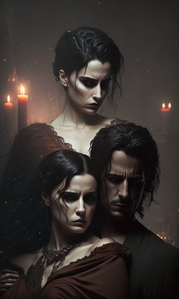 Gothic image of two somber individuals in candlelight