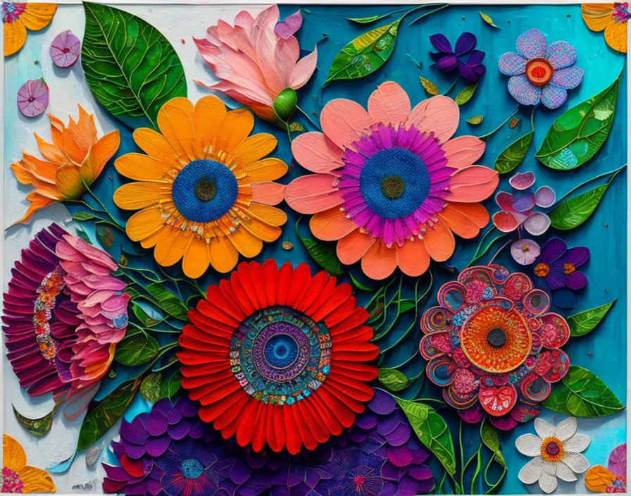 Colorful Handcrafted Paper Flowers on Blue Background