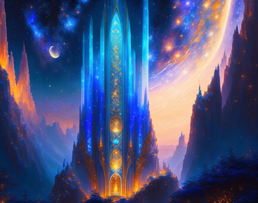 Fantasy landscape with blue crystalline tower and starry sky