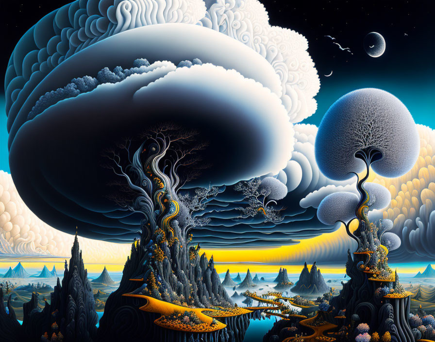 Surreal landscape with intricate trees, towering clouds, moon, rocky formations, and starry sky