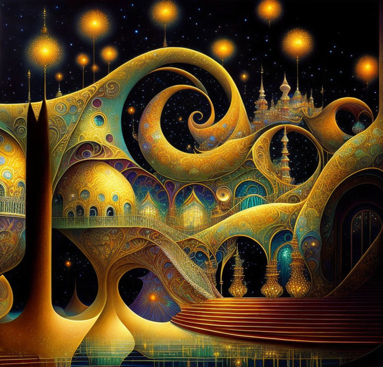 Colorful Artwork: Intricate Patterns, Golden Hues, Celestial Elements