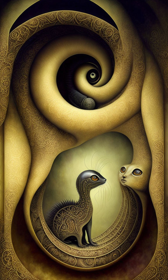 Abstract surreal artwork: stylized creature in swirling golden background