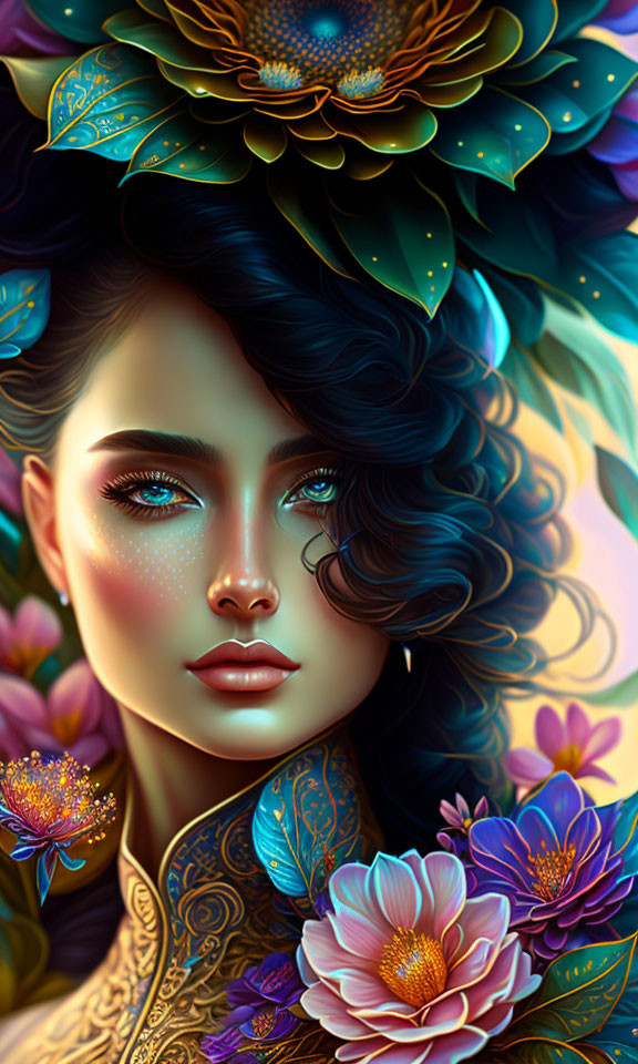 Digital artwork: Woman with luminous skin, dark hair flowing among vibrant blue and golden flowers