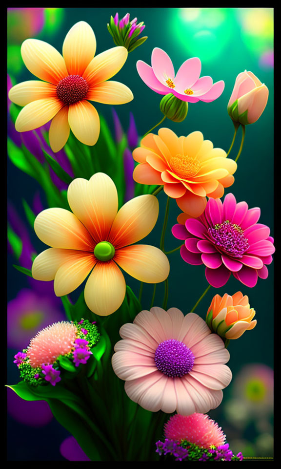 Colorful digital artwork featuring vibrant flowers on dark green background
