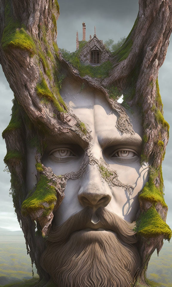 Human face merged with tree elements, moss, and treetop house against cloudy sky