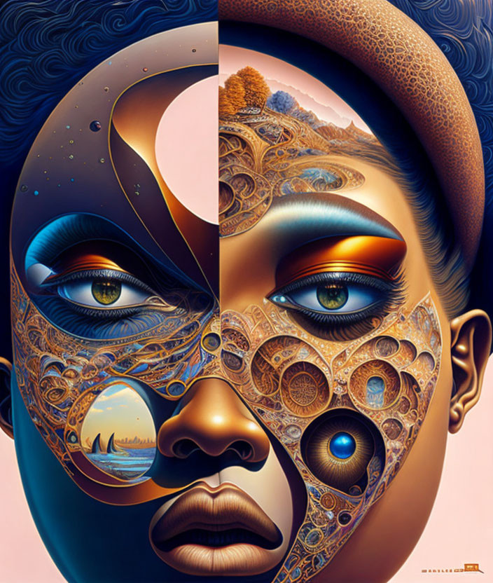 Surrealist artwork: Mirrored faces with mechanical lace masks