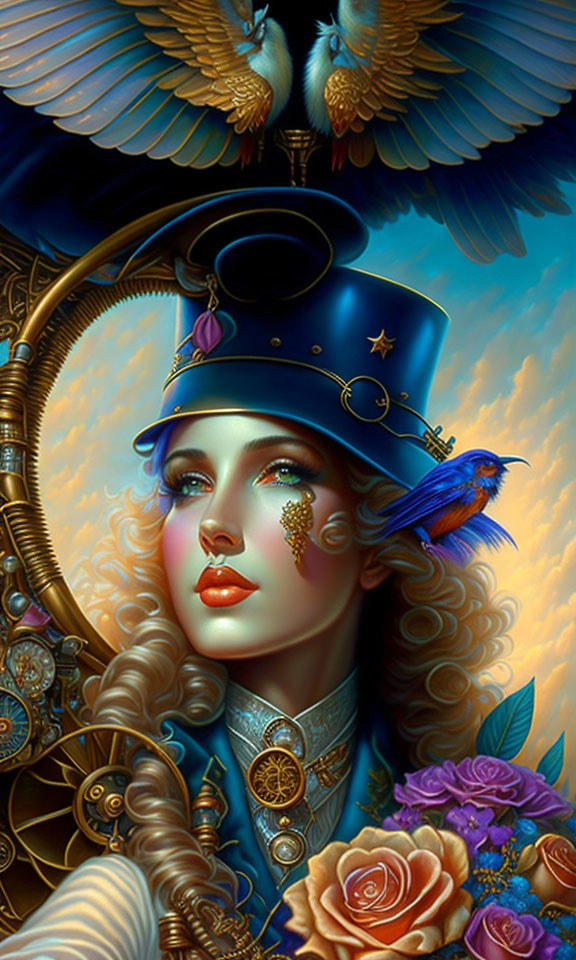 Fantasy artwork of woman with steampunk hat, surrounded by gears, birds, and roses on