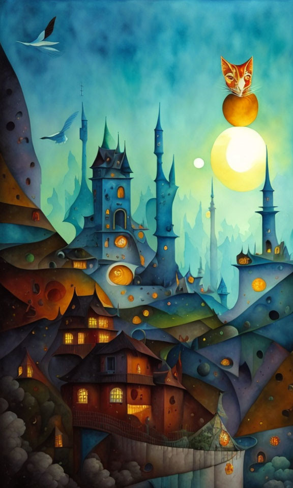 Fantastical cityscape painting with quirky buildings and flying owls