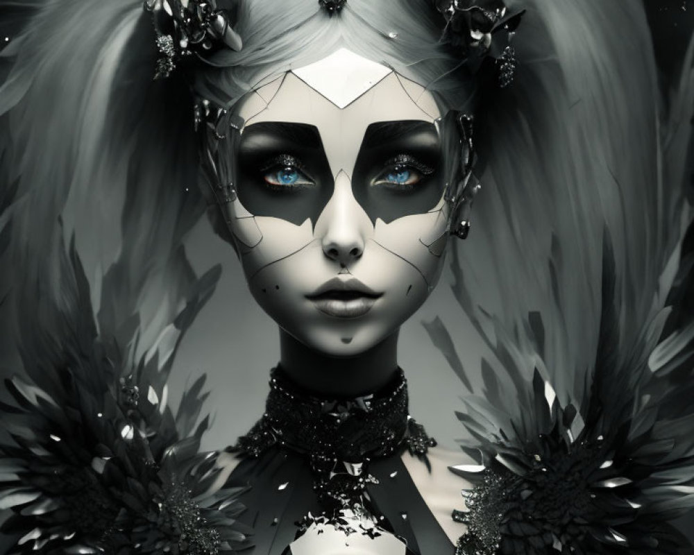 Monochrome portrait of person with blue eyes, dark feathers, skull motifs, and mask-like makeup