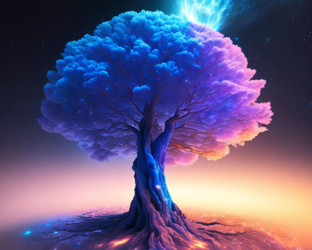 Mystical tree with blue and purple canopy in cosmic setting
