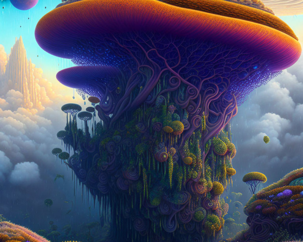 Vibrant giant mushroom landscape with dreamy atmosphere
