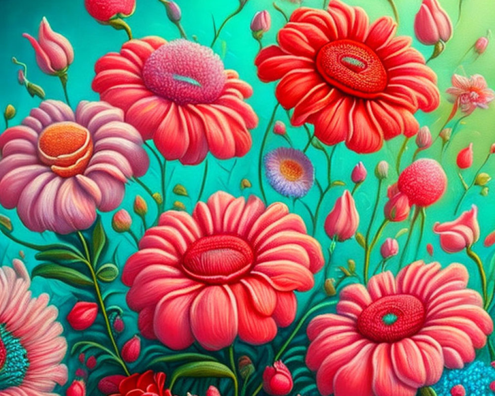 Colorful floral painting with pink and red flowers on teal background