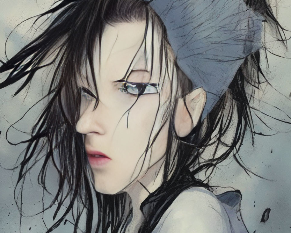 Digital artwork featuring person with striking blue eyes and wet black hair on gray background