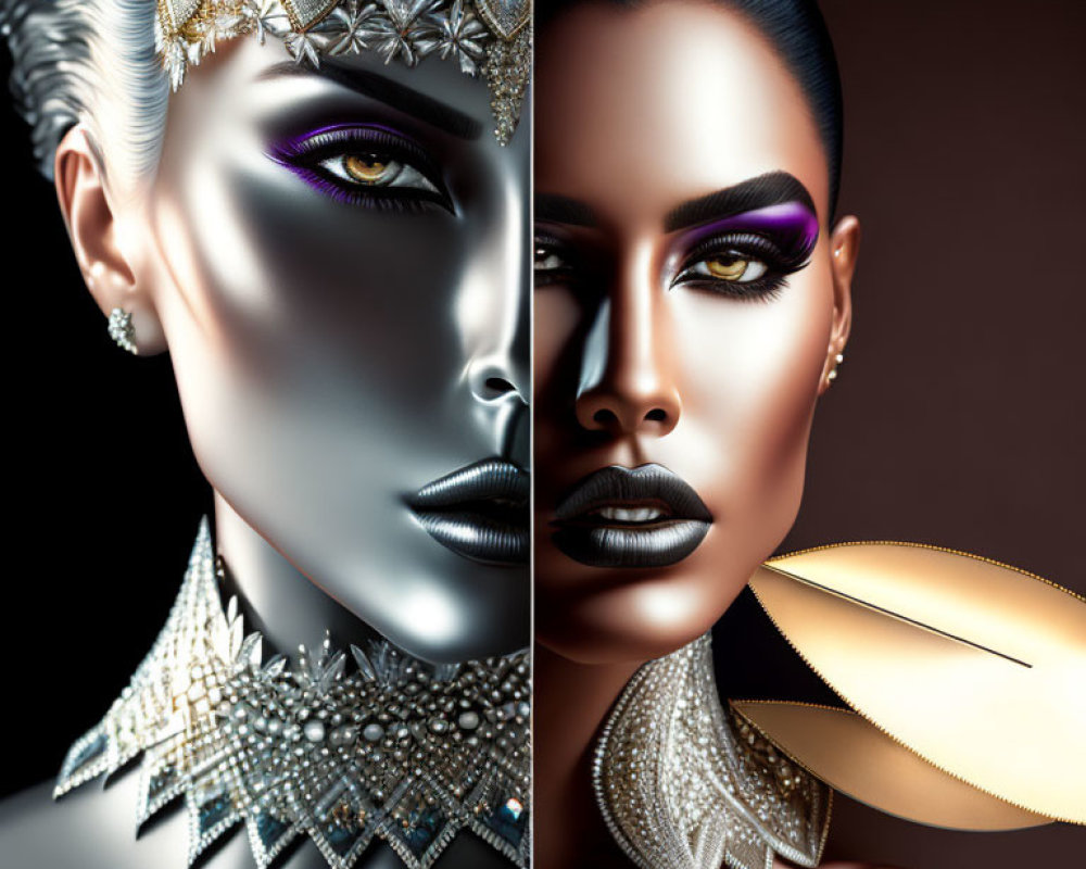 Split image featuring woman and metallic counterpart with bold makeup, luxurious jewelry, and avant-garde headpiece