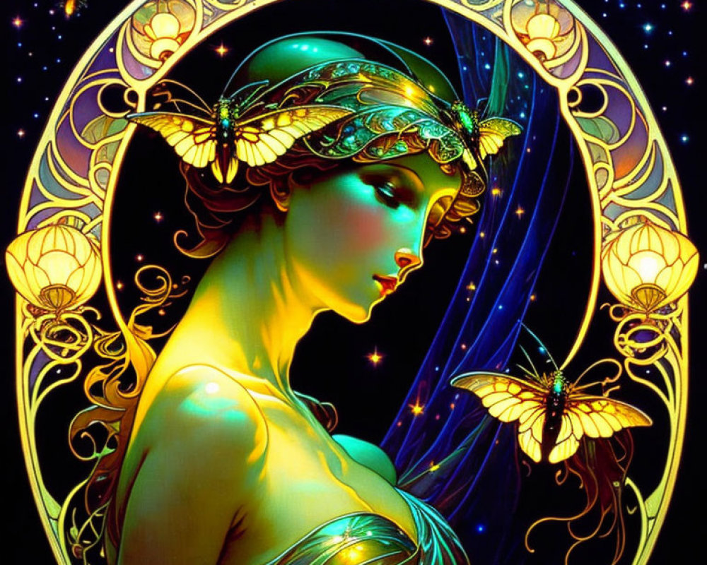 Illustration of woman with starry backdrop, butterfly adornments, and glowing flowers in golden frame