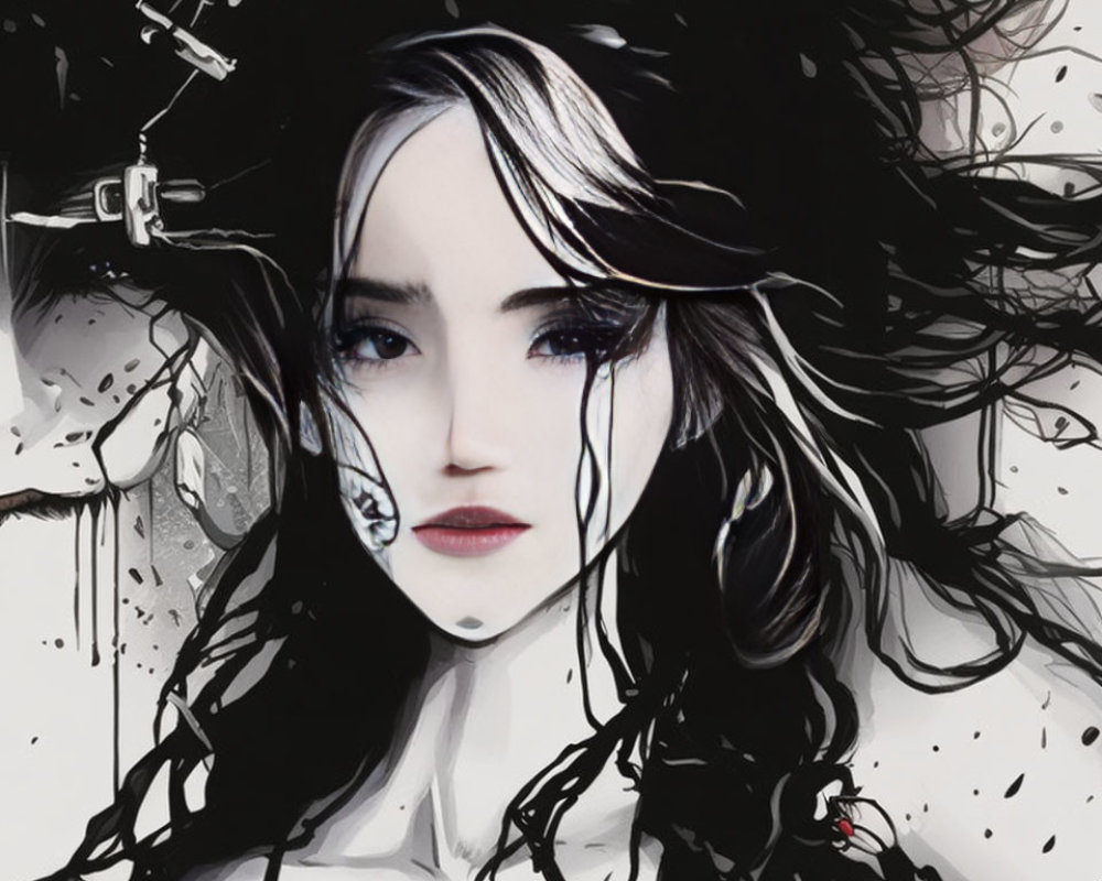 Monochromatic artistic illustration of a woman with flowing hair and splatter effects