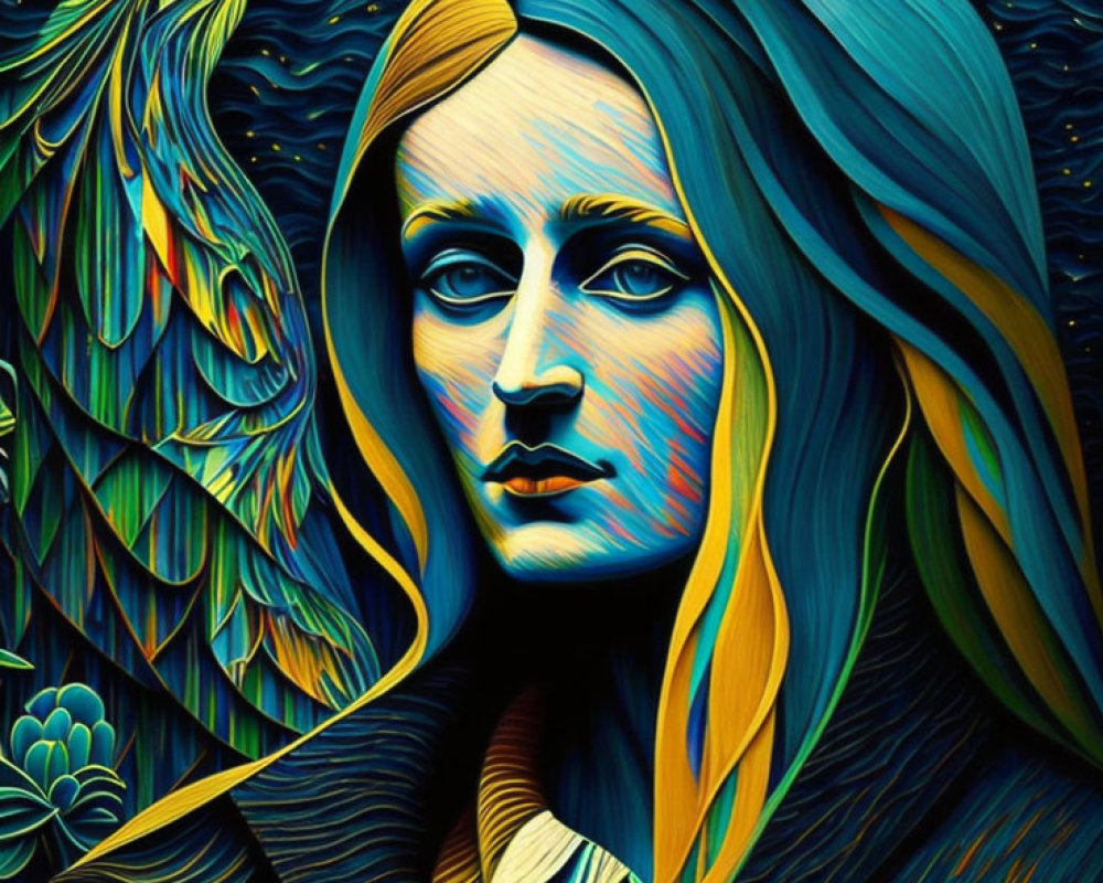 Vibrant stylized artwork of woman with peacock in blue and yellow palette
