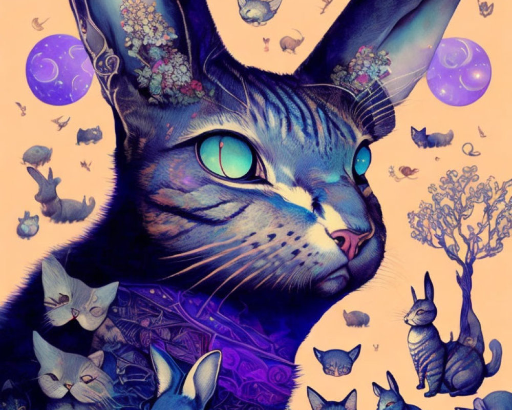 Blue Cat with Green Eyes Surrounded by Whimsical Cats and Bunnies on Purple Background