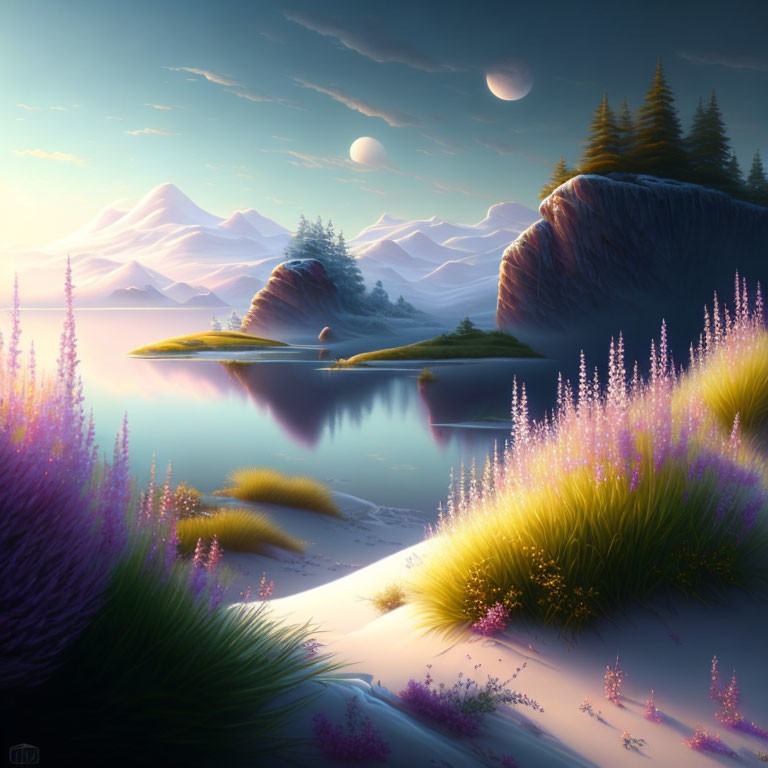 Tranquil fantasy landscape with glowing flora, serene water, lush hills, multiple moons