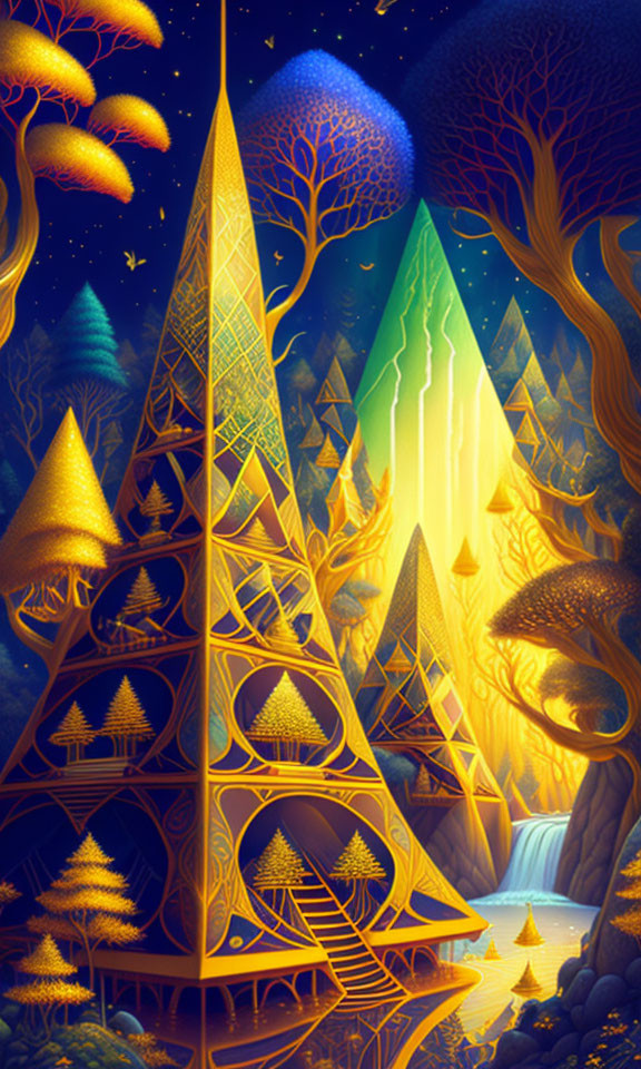 Fantastical landscape with geometric golden trees under starry sky and glowing river.