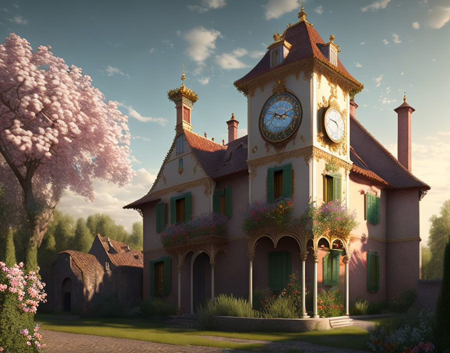 Prominent clock tower villa with colorful flowers in serene landscape