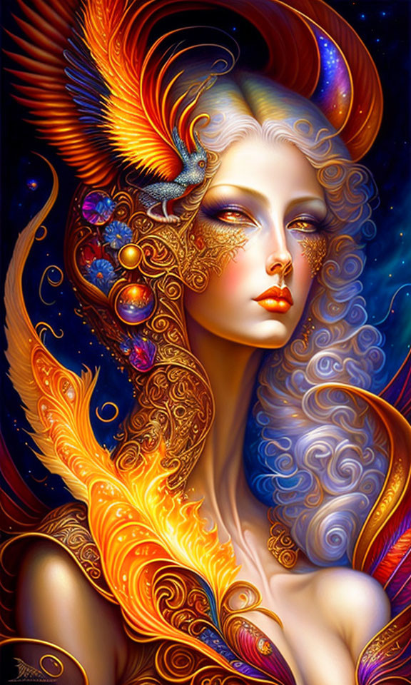Colorful fantasy illustration of mystical woman with ornate feather details.