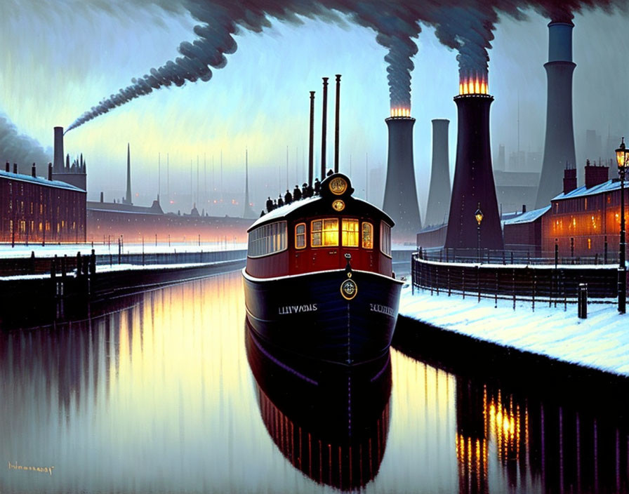 Vintage steamboat painting on calm river with industrial smokestacks and dusky sky