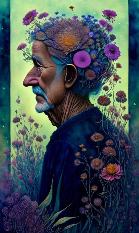 Elder man with flower head in cosmic setting
